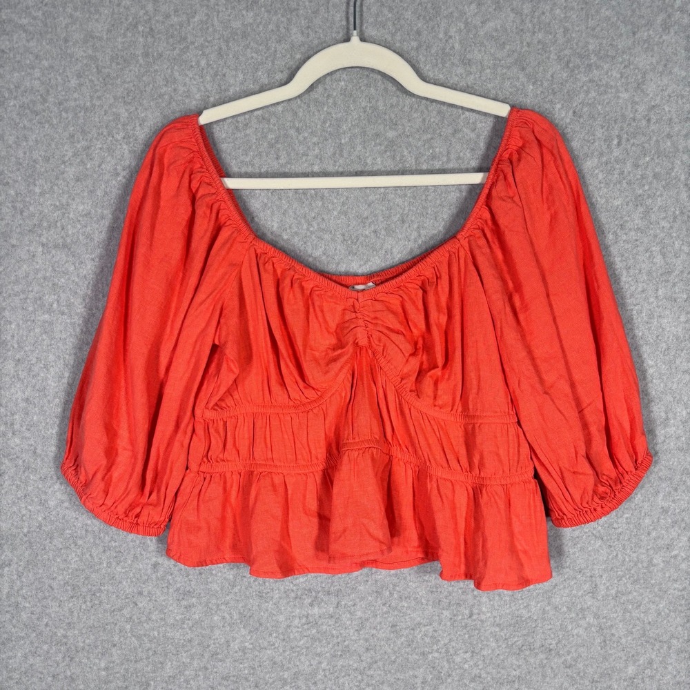 A New Day Milkmaid Peasant Crop Top‎ Large Linen Puff Sleeve Ruched Smocked Boho